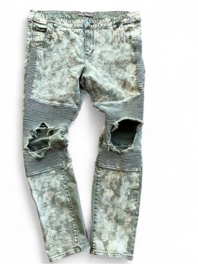 Streetwear Crysp Denim Green Distressed Biker Jeans
